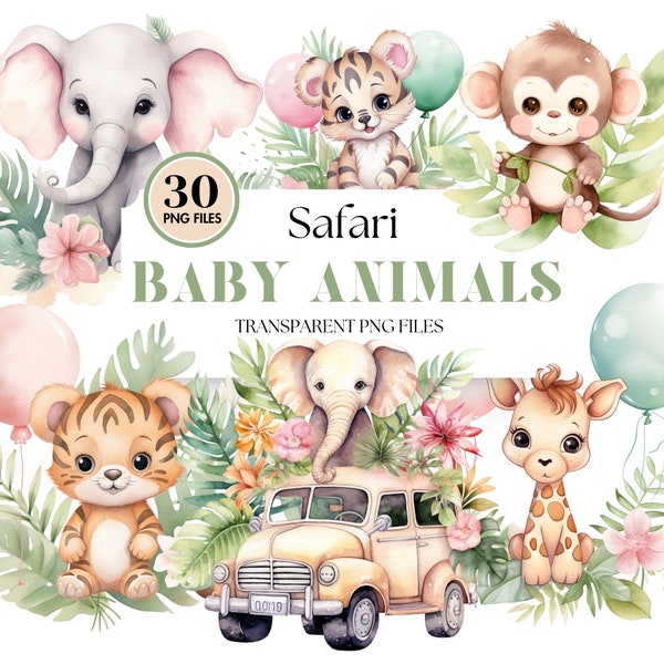 Adorables animaux de la jungle Safari bébé aquarelle, Clipart Safari, décorations de fête Boho Safari, Art Safari africain, ensemble de graphiques PNG numérique