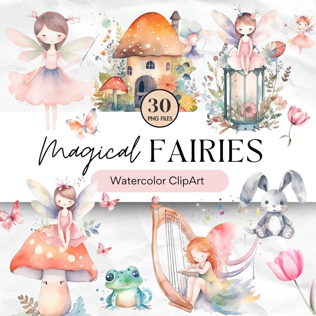 Magical Fairy Garden Watercolor Clipart, Enchanted Forest Nursery Decor