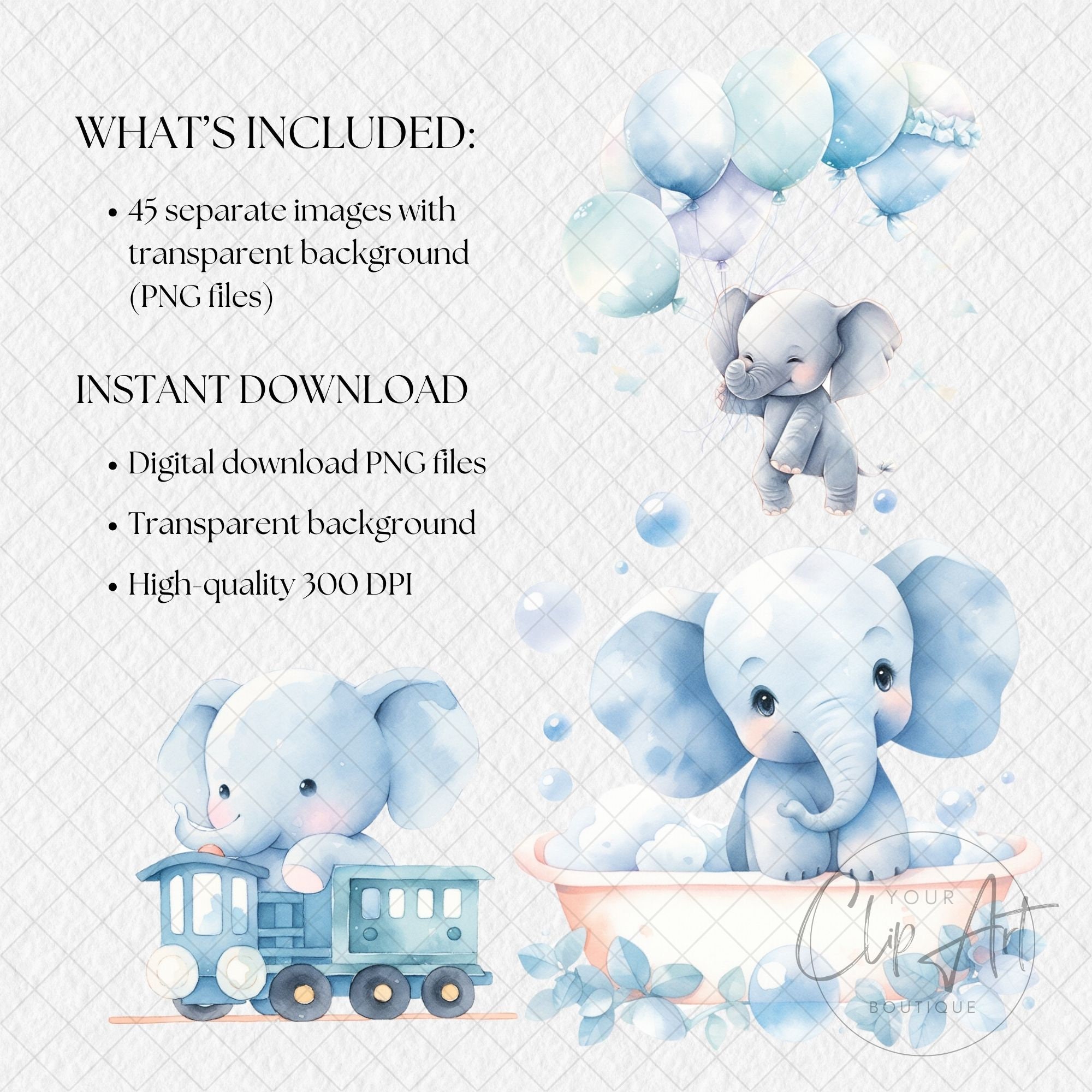 Cute Blue Elephant Watercolor Clipart, Baby Shower Graphics PNG, Baby ...