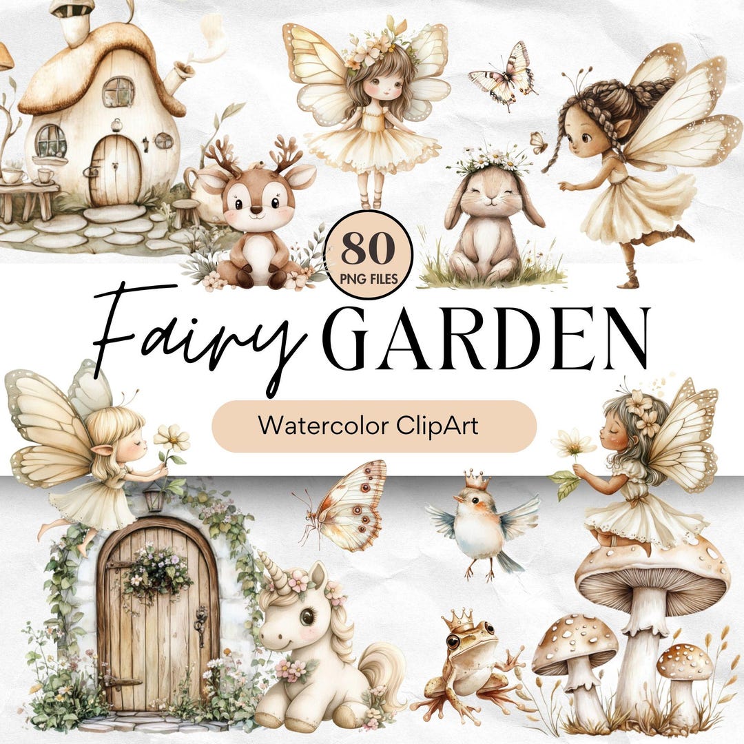 Adorable Fairy Garden Watercolor Clipart, Cute Neutral Beige Animal PNG ...