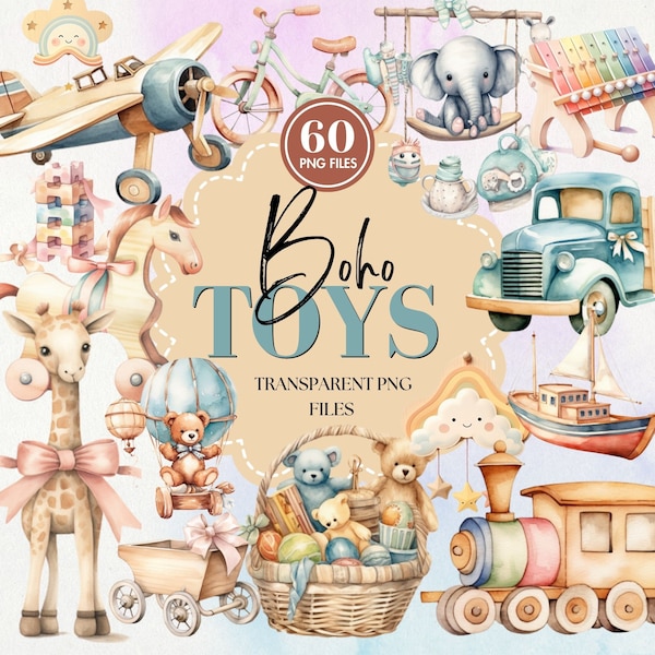 Acuarela bebé juguetes de madera Clipart / Boho Nursery Wall Art / Ilustraciones de juguetes vintage PNG / Decoración ecológica para niños / Uso comercial