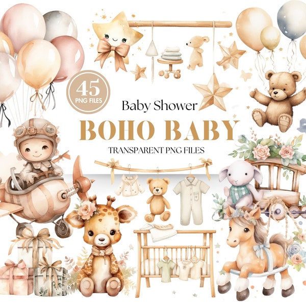 Doux Boho Baby Shower Clipart, Clipart aquarelle, décoration de chambre d'enfant PNG Clipart, aquarelle Boho, téléchargement immédiat d'art numérique de haute qualité