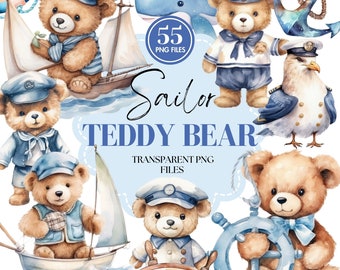 Cute Sailor Teddy Bear Clipart | Nautical Nursery Decor | Ocean Theme Baby Shower Decor | Anchor and Lighthouse | Sea Life Illustration PNG