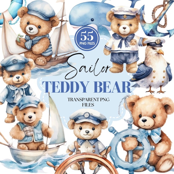 Cute Sailor Teddy Bear Clipart | Nautical Nursery Decor | Ocean Theme Baby Shower Decor | Anchor and Lighthouse | Sea Life Illustration PNG