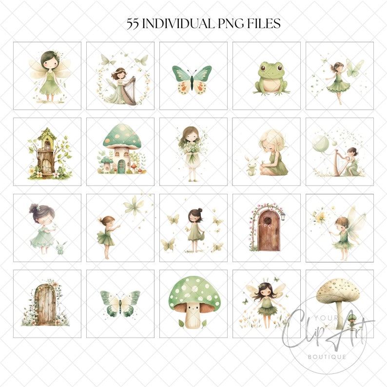 Magical Fairy Garden Clipart Watercolor Forest Green Fairies & Woodland