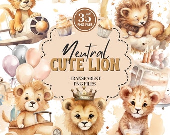 Aquarelle mignon bébé Boho Lion 35 Images PNG, petit animal, baby-shower du roi Lion, garçon ou fille, décoration de chambre d'enfant, lot de cliparts numériques.