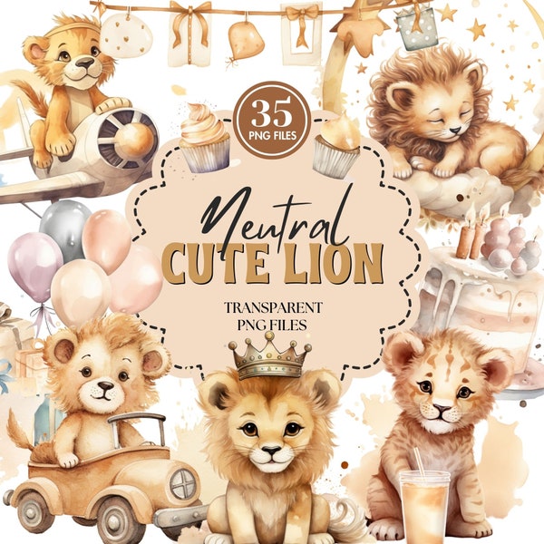 Aquarelle mignon bébé Boho Lion 35 Images PNG, petit animal, baby-shower du roi Lion, garçon ou fille, décoration de chambre d'enfant, lot de cliparts numériques.