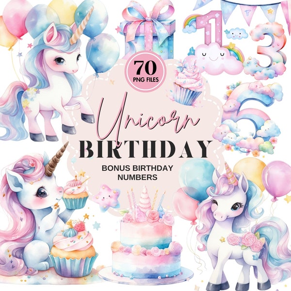 Lot de cliparts aquarelle fête licorne | Etoiles arc-en-ciel et licornes kawaii mignonnes PNG | Décoration d'anniversaire Graphismes numériques | Utilisation commerciale