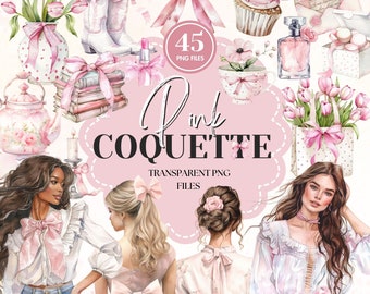 Rose Coquette Vêtements Fille | Lot de cliparts aquarelle vintage | Girls Cottage Core Graphics | Ruban et noeud esthétiques | Créations de scrapbooking