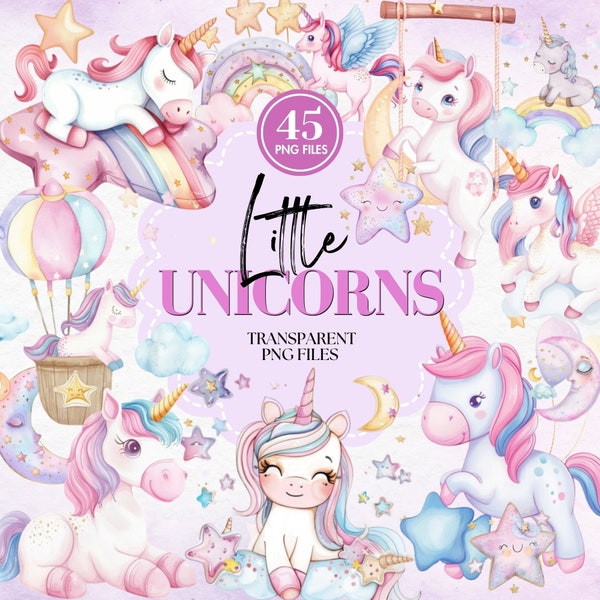 Adorable Watercolor Unicorn Clipart Bundle | 45 Baby Nursery Wall Art  | High-Quality Unicorn PNG | Instant Download Commercial Use