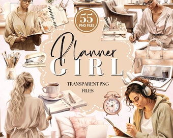 Acuarela Planner Girl Clipart / Paquete PNG para planificación acogedora / Pegatinas digitales y estética de diario / Uso comercial