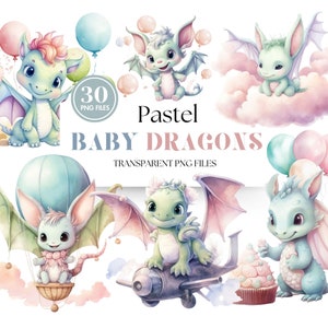 Cute Watercolor Baby Dragon Clipart, Pastel Baby Dragons PNG, Cute Graphic Set, Dragon Clip Art, Fantasy, Bundle instant Download.