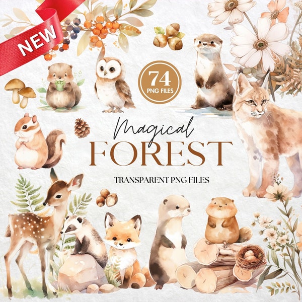 Forest Animals Watercolor Clipart | Nursery Decor | Woodland Animals | Fox, Bear, Deer, Raccoon, Owl, Badger and Beaver | Commercial Use