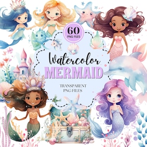 Whimsical Mermaid Clipart Bundle - Cute Underwater Graphics for Nursery Decor, Printable Art, Ocean Animals PNG Set