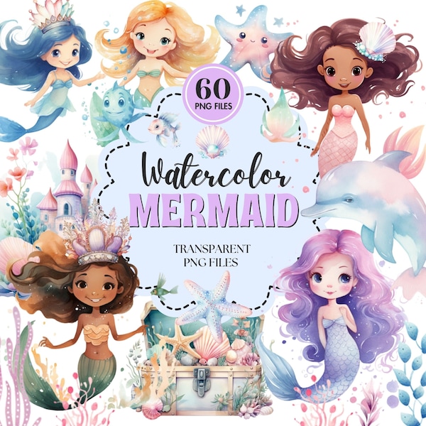 Whimsical Mermaid Clipart Bundle - Cute Underwater Graphics for Nursery Decor, Printable Art, Ocean Animals PNG Set