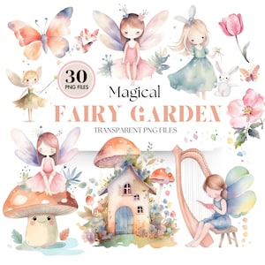 Adorable Fairy Garden Watercolor Clip Art Enchanted Garden, Nursery Clipart, Magical Fairy, Digital PNG Graphics Set