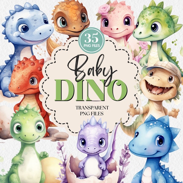 Watercolor Cute Dino Clipart Bundle, 35 Baby Nursery Decor Illustrations, Neutral Dinosaur PNG, Instant Download, Commercial Use.