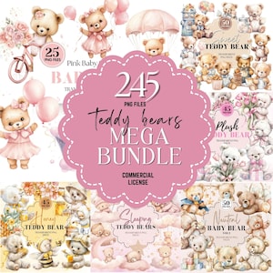 Sweet Teddys Clipart | Teddy Bear Mega Bundle | Watercolor Bear Hot Air Balloon | Baby Shower Graphics | High-Quality Digital Download PNG