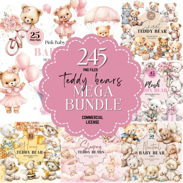 Sweet Teddys Clipart | Teddy Bear Mega Bundle | Watercolor Bear Hot Air Balloon | Baby Shower Graphics | High-Quality Digital Download PNG