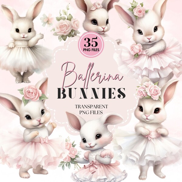 Watercolor Ballerina Bunny Clipart | Ballet Bunnies in Tutu Dress| Baby Shower Nursery Decor | Baby Girl Rabbit PNG | DIY Card Making