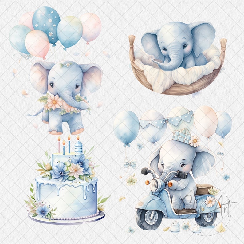 Cute Blue Elephant Watercolor Clipart, Baby Shower Graphics PNG, Baby ...