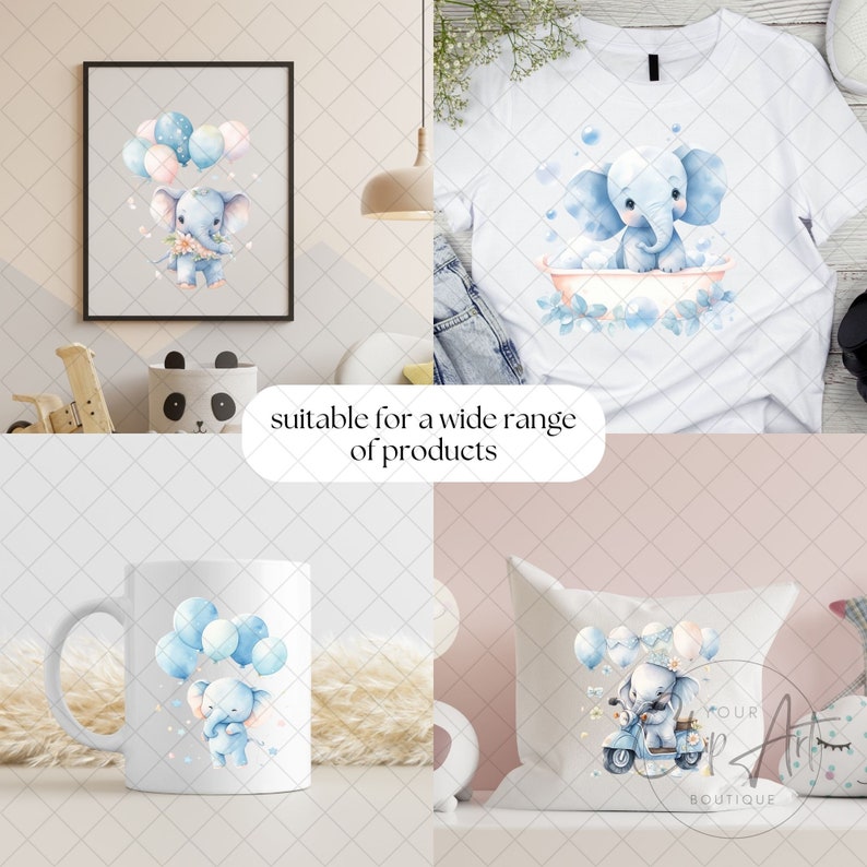 Cute Blue Elephant Watercolor Clipart, Baby Shower Graphics PNG, Baby