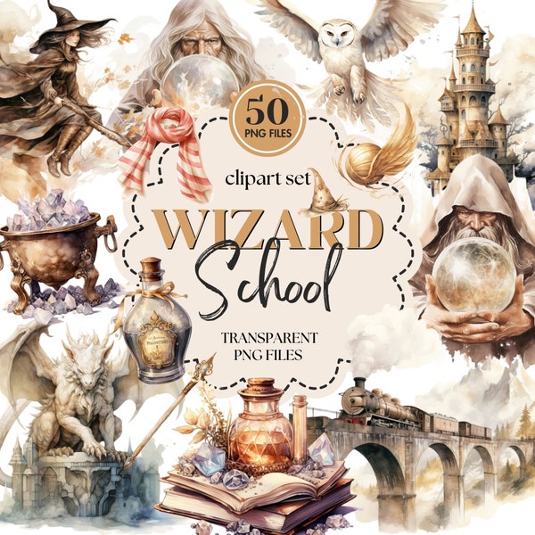 Wizards School Watercolor Clipart Bundle 50 Magical Academy Illustrations, Fantasy Storybook, Digital Download, Commercial Use