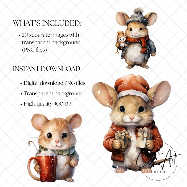 Cute Christmas Mice Watercolor Clipart,20 High Quality PNG Images