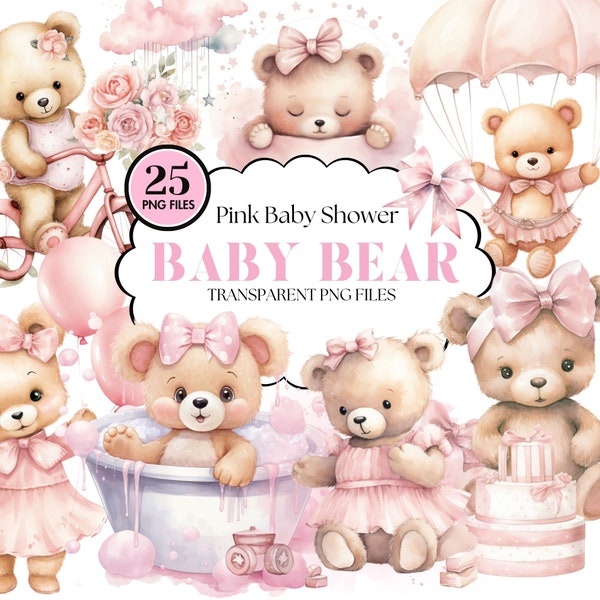 Paquete de imágenes prediseñadas de osito de peluche de niña dulce - Gráficos de baby shower en acuarela, PNG en, arte digital de alta calidad