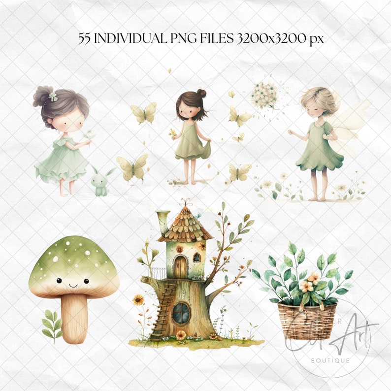 Magical Fairy Garden Clipart Watercolor Forest Green Fairies & Woodland