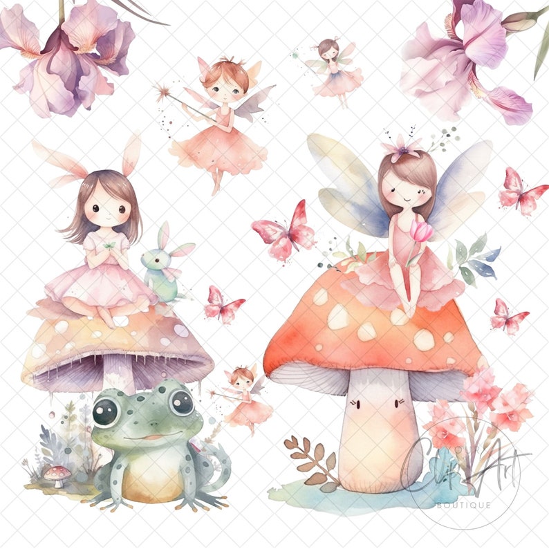Magical Fairy Garden Watercolor Clipart, Enchanted Forest Nursery Decor