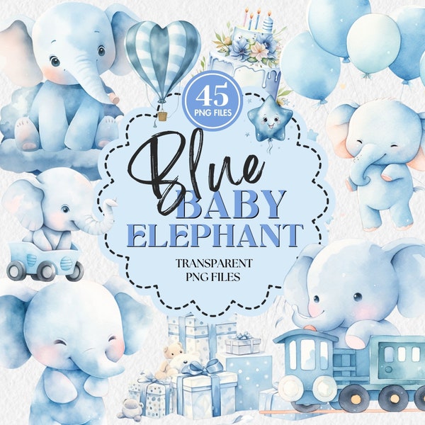 Cute Blue Elephant Watercolor Clipart, Baby Shower Graphics PNG, Baby Boy Wall Art, High-Quality Digital Art, Card Making, Nursery Decor