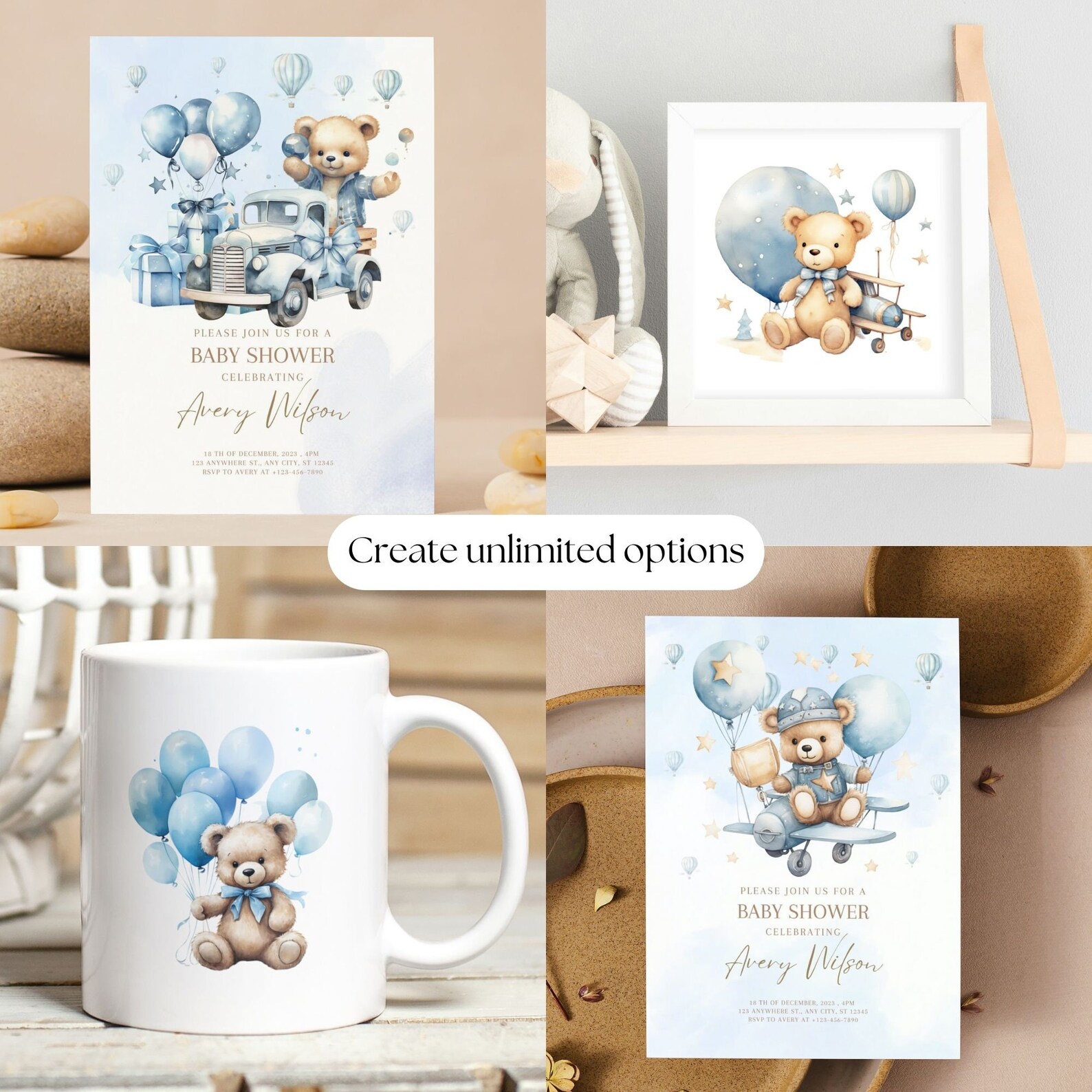 Sweet Baby Boy, Blue Teddy Bear Clipart Bundle Watercolor Baby Shower ...