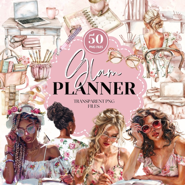 Planificateur Glam Clipart | Ensemble fille chic et tendance | Rat de bibliothèque Blush Planner | Articles de journalisation du bibliothécaire | Ressource de scrapbooking PNG