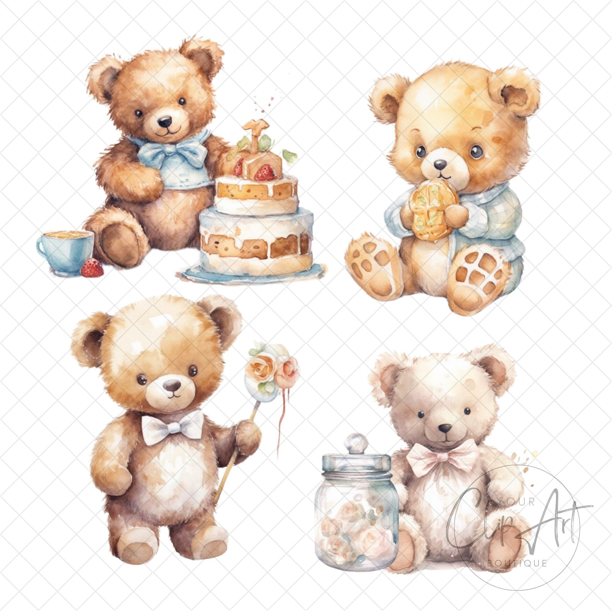 Watercolor Teddy Bear Clip Art Sweet Baby Shower Graphics Nursery Wall ...
