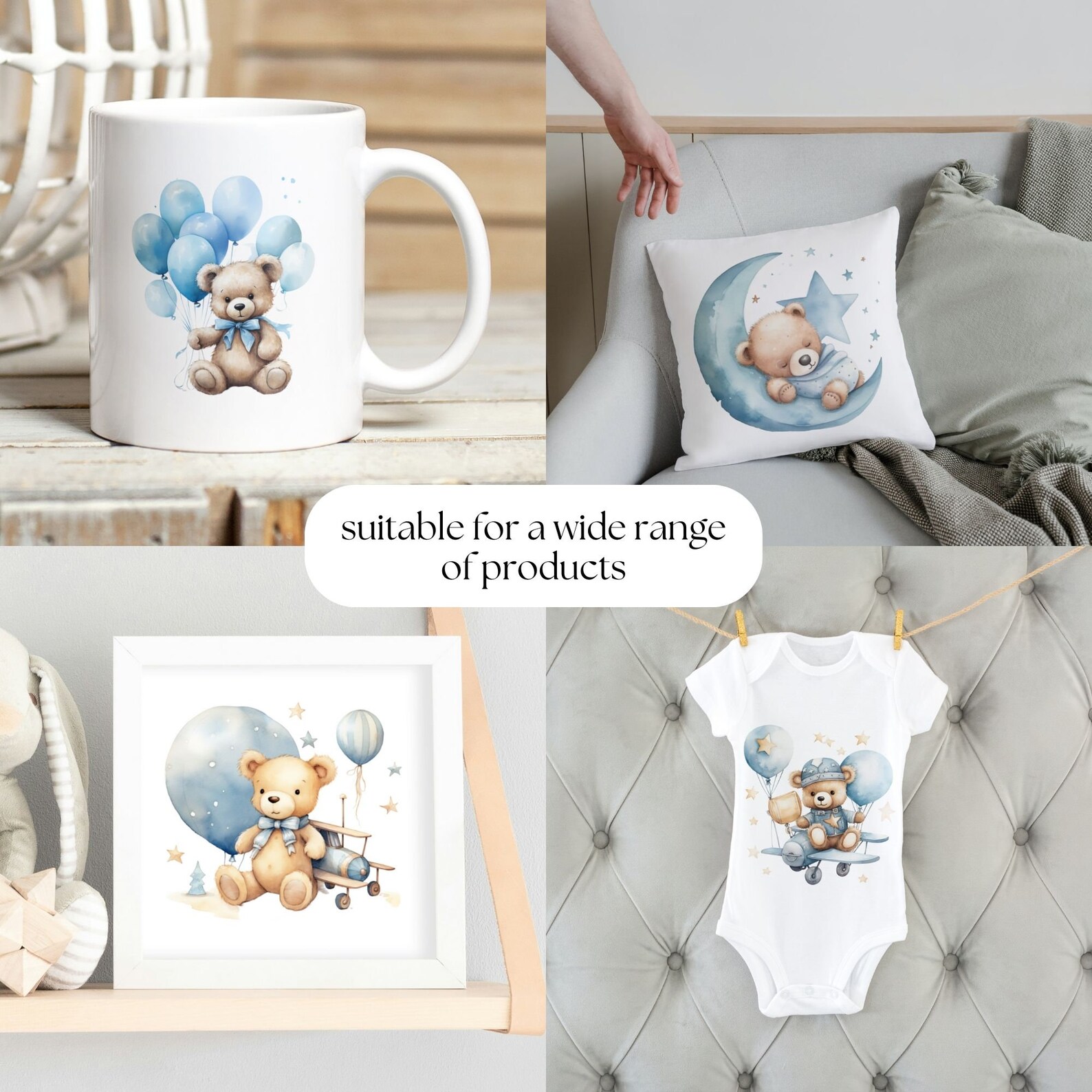 Sweet Baby Boy, Blue Teddy Bear Clipart Bundle Watercolor Baby Shower ...