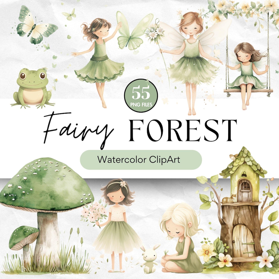 Magical Fairy Garden Clipart Watercolor Forest Green Fairies & Woodland