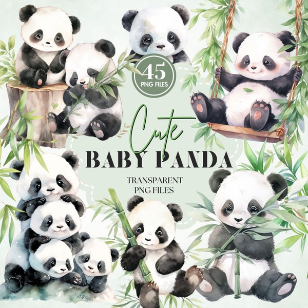 Watercolor Cute Pandas Clipart | Nursery Wall Art | Baby Shower Decorations | Printable Panda Illustrations PNG