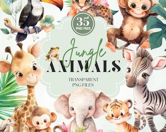 Clipart animaux mignons de la jungle | Chambre d'enfant Safari PNG | Décoration aquarelle pour baby shower | Anniversaire Éléphant Girafe Tigre Singe