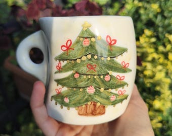 Christmas Tree Mug: Gold,Red and Green Handmade  Ceramic Coffee Mug