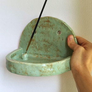 Handmade Ceramic Incense Wall Shelf: Rustic Green Incense Holder