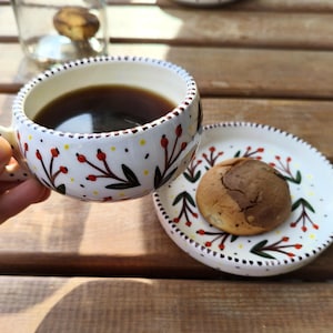 Handmade Mug with Saucer ; Cappuccino Cup with Saucer , Large Espresso Cup; Ceramic Mug Gift; Ceramic  Pottery Mug; Mother Gift