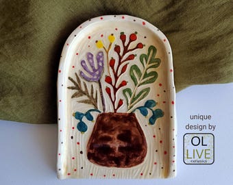 Handmade Ceramic Spoon Rest: Engraved Floral Design, Kitchen Decor