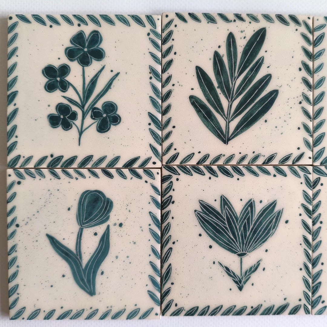6 Pieces Handmade Ceramic Floral Wall Tiles, Blue & White Decor - Etsy