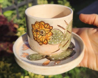 Handmade Ceramic Espresso Cup & Saucer: Exotic Floral Design
