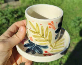Handmade Ceramic Espresso Cup and Saucer; Floral Design
