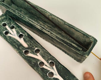 Ceramic Incense Holder: Handmade Incense Burner Box; Rustic Blue Home Decor