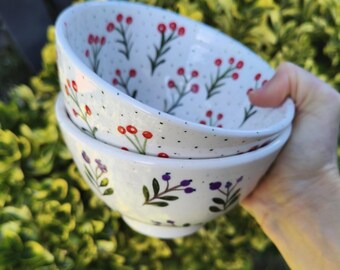 Zestaw 2 ręcznie malowanych ceramicznych misek: Miseczki na płatki zbożowe z motywem kwiatowym, 20 uncji