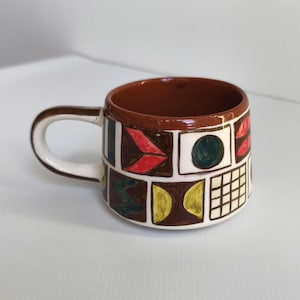 Hand-Painted Geometric Espresso Cup: Terracotta Coffee Mug