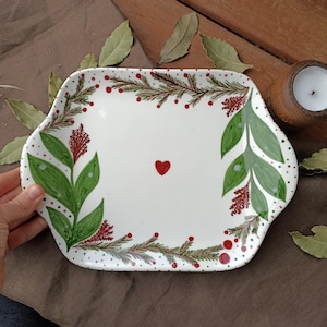 Handmade Ceramic Serving Tray: Christmas Floral Art